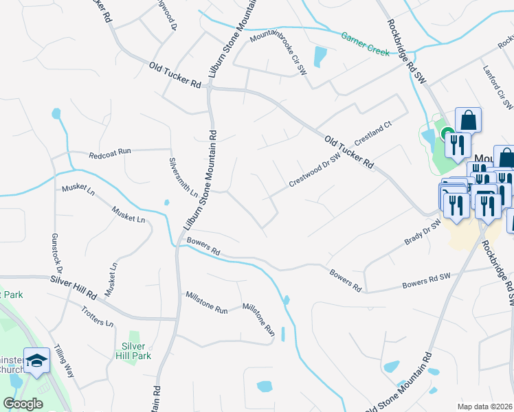 map of restaurants, bars, coffee shops, grocery stores, and more near 5728 Crestwood Drive Southwest in Stone Mountain