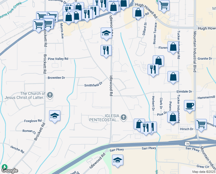 map of restaurants, bars, coffee shops, grocery stores, and more near 4251 Smithfield Drive in Tucker