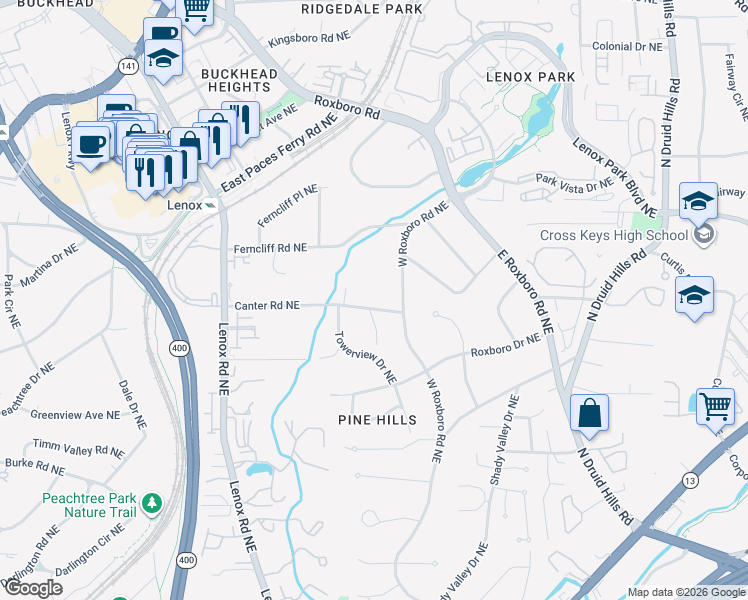 map of restaurants, bars, coffee shops, grocery stores, and more near 1100 Canter Road Northeast in Atlanta