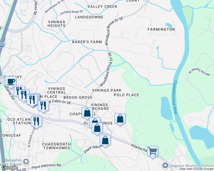 map of restaurants, bars, coffee shops, grocery stores, and more near 4615 Woodland Brook Drive Southeast in Atlanta