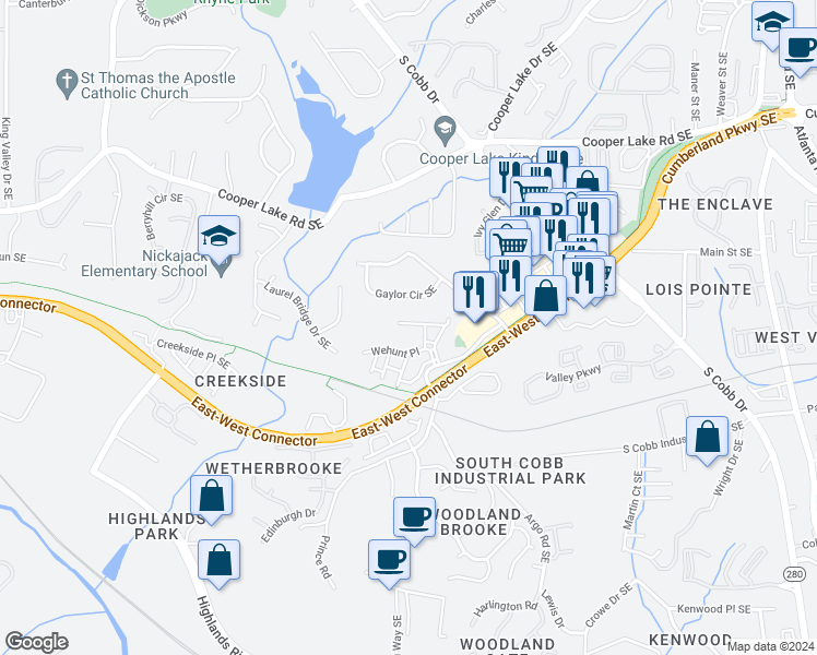 map of restaurants, bars, coffee shops, grocery stores, and more near 4618 Wehunt Commons Drive in Smyrna