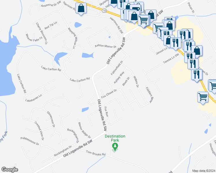 map of restaurants, bars, coffee shops, grocery stores, and more near 4085 Winchester Way in Loganville