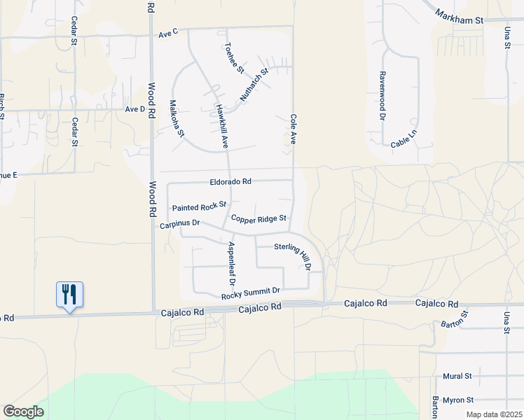 map of restaurants, bars, coffee shops, grocery stores, and more near 19128 Trail Ride Court in Perris