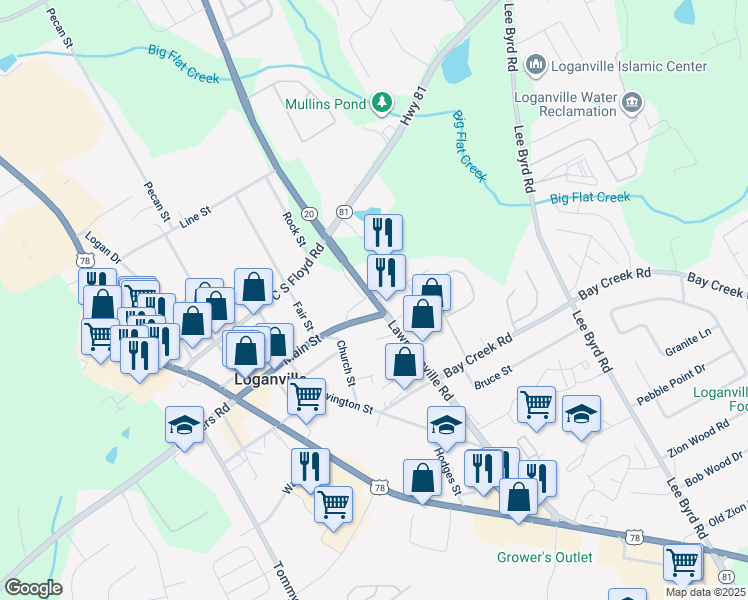 map of restaurants, bars, coffee shops, grocery stores, and more near Highway 81 in Loganville