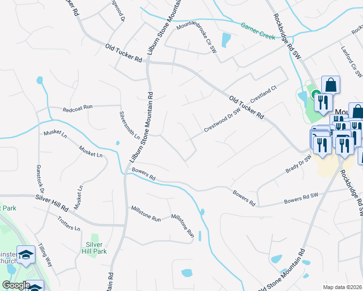 map of restaurants, bars, coffee shops, grocery stores, and more near 5728 Crestwood Drive Southwest in Stone Mountain