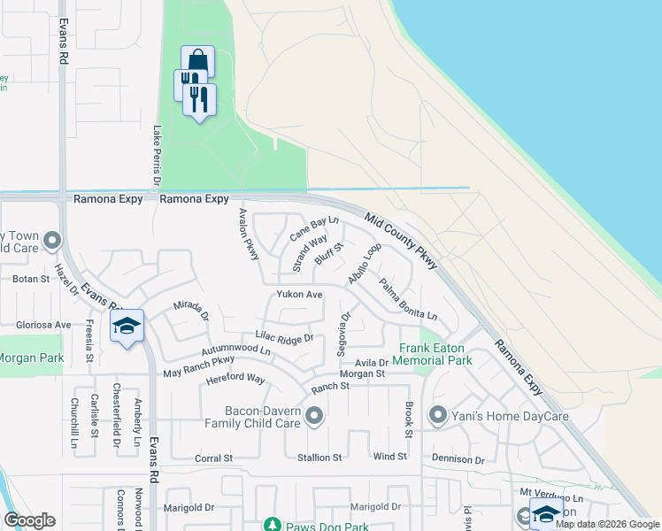map of restaurants, bars, coffee shops, grocery stores, and more near 3868 Salt River Lane in Perris
