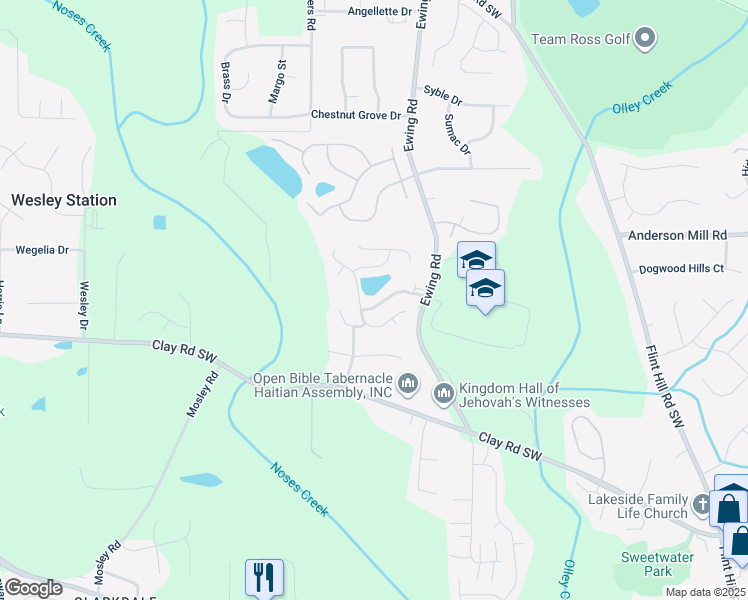 map of restaurants, bars, coffee shops, grocery stores, and more near 2870 Betula Drive in Austell