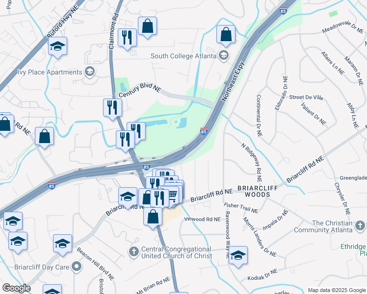map of restaurants, bars, coffee shops, grocery stores, and more near 2070 I - 85 Frontage Road in Atlanta