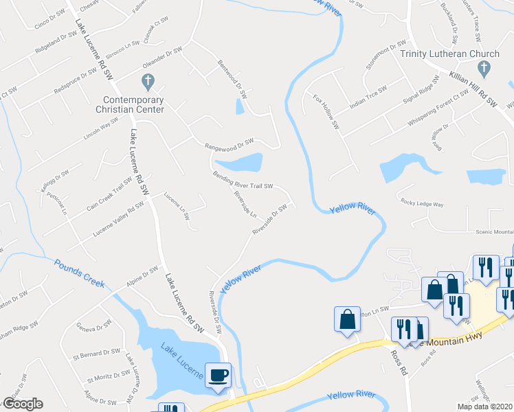 map of restaurants, bars, coffee shops, grocery stores, and more near 4385 Riverside Lane in Lilburn
