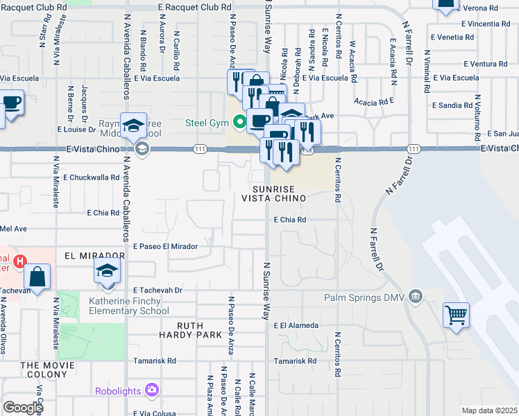 map of restaurants, bars, coffee shops, grocery stores, and more near 1415 North Sunrise Way in Palm Springs