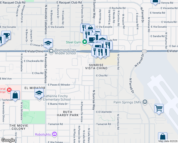 map of restaurants, bars, coffee shops, grocery stores, and more near 1421 North Sunrise Way in Palm Springs