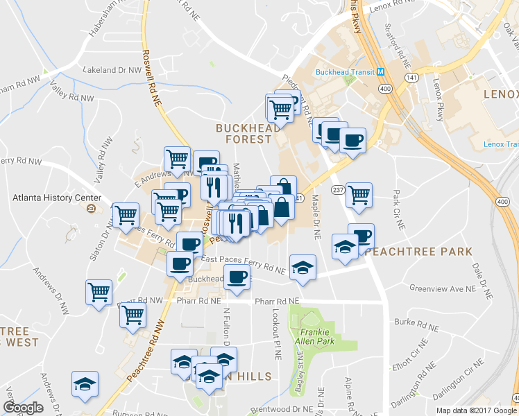 map of restaurants, bars, coffee shops, grocery stores, and more near 3180 Peachtree Road Northwest in Atlanta