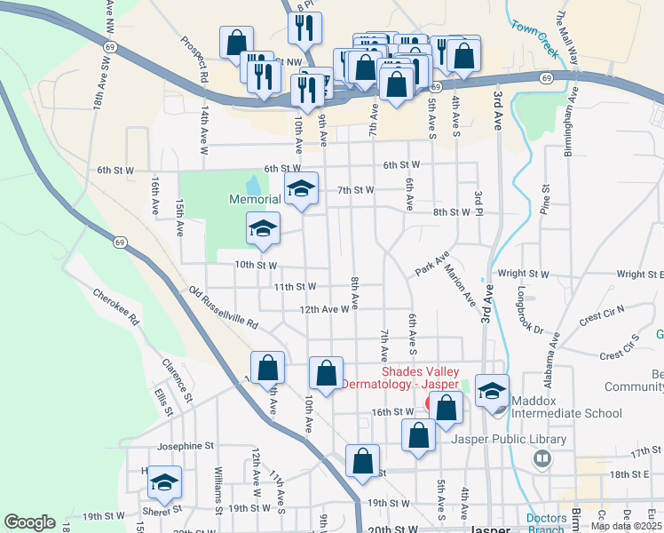 map of restaurants, bars, coffee shops, grocery stores, and more near 1001-1099 9th Avenue in Jasper