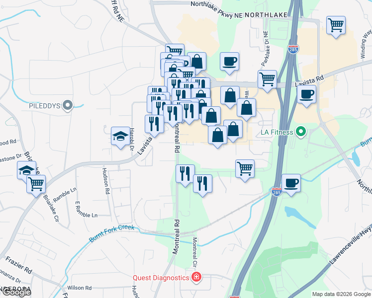 map of restaurants, bars, coffee shops, grocery stores, and more near 1989 Montreal Road in Tucker
