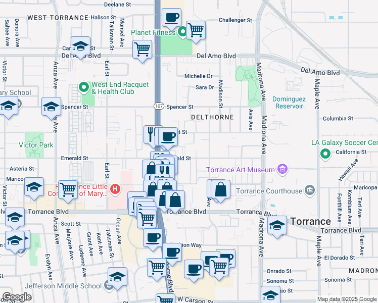 map of restaurants, bars, coffee shops, grocery stores, and more near 3649 Emerald Street in Torrance