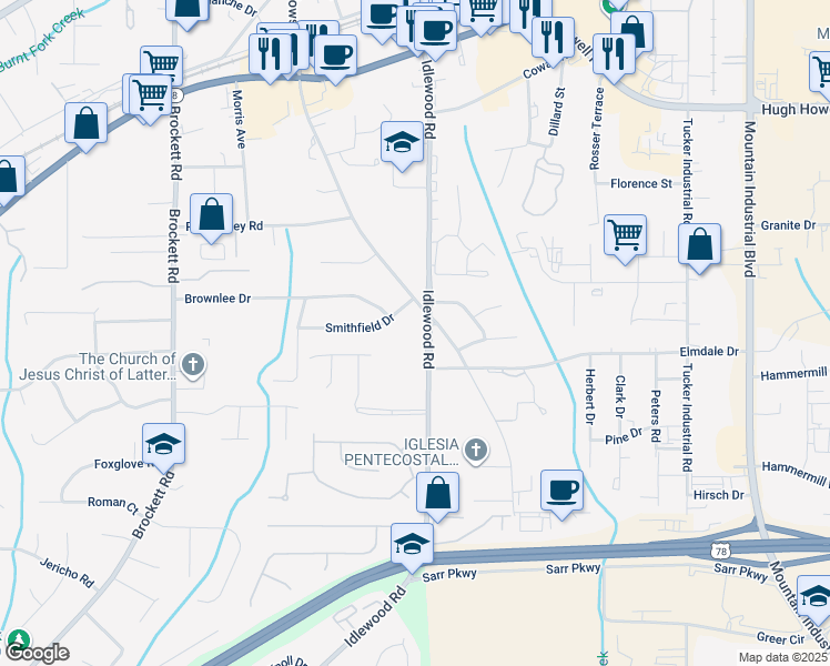 map of restaurants, bars, coffee shops, grocery stores, and more near 4251 Smithfield Drive in Tucker