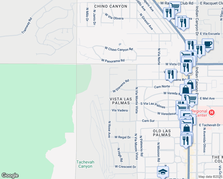 map of restaurants, bars, coffee shops, grocery stores, and more near 835 West Stevens Road in Palm Springs