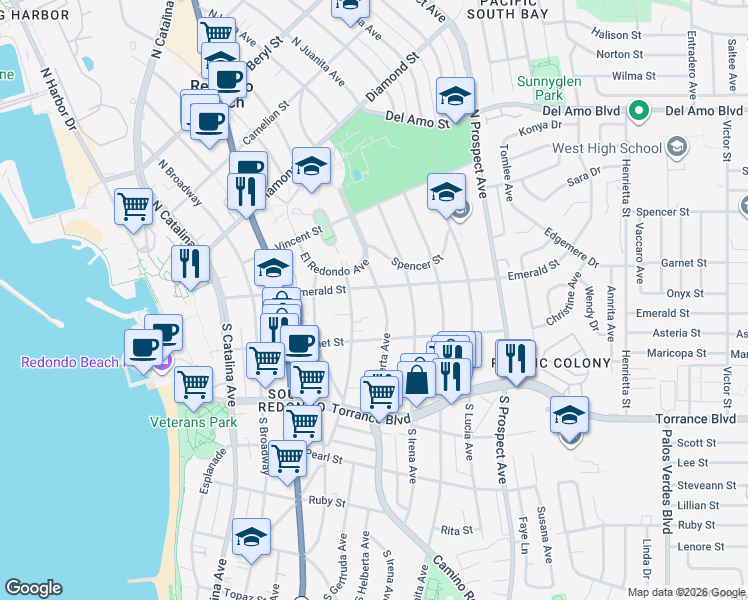map of restaurants, bars, coffee shops, grocery stores, and more near 107 South Helberta Avenue in Redondo Beach