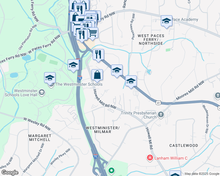 map of restaurants, bars, coffee shops, grocery stores, and more near 3201 Downwood Circle Northwest in Atlanta