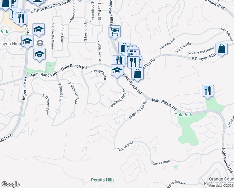 map of restaurants, bars, coffee shops, grocery stores, and more near 6054 East Morningview Drive in Anaheim