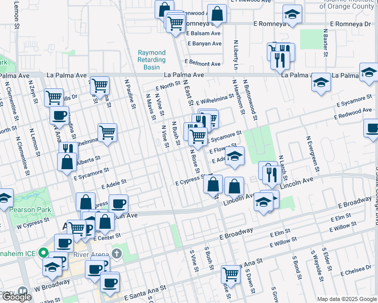 map of restaurants, bars, coffee shops, grocery stores, and more near 421 North Rose Street in Anaheim