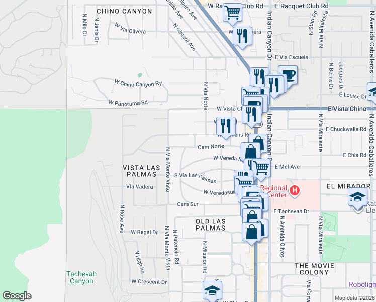map of restaurants, bars, coffee shops, grocery stores, and more near 495 Camino Norte in Palm Springs