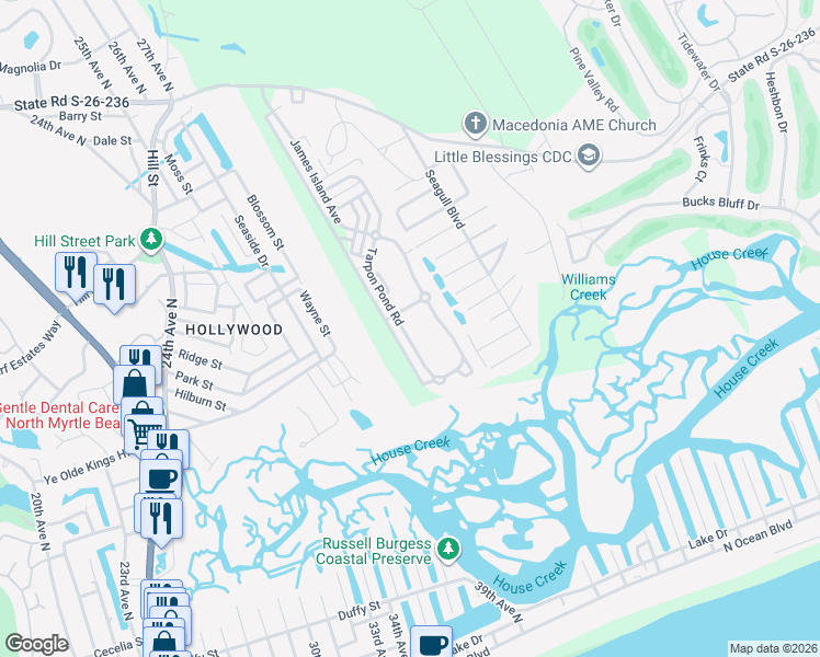 map of restaurants, bars, coffee shops, grocery stores, and more near 1013 Tarpon Pond Road in North Myrtle Beach