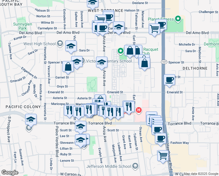 map of restaurants, bars, coffee shops, grocery stores, and more near 20720 Anza Avenue in Torrance
