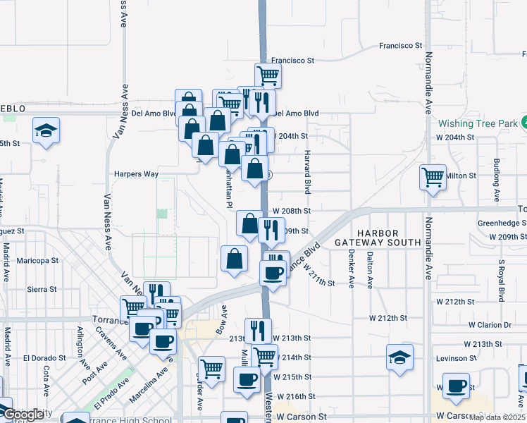 map of restaurants, bars, coffee shops, grocery stores, and more near South Western Avenue & West 208th Street in Torrance