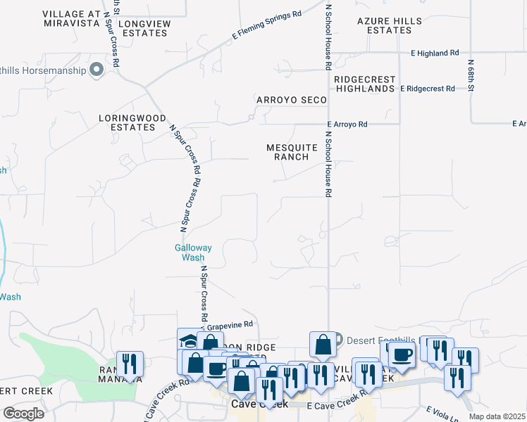 map of restaurants, bars, coffee shops, grocery stores, and more near 6303 East Mesquite Road in Cave Creek