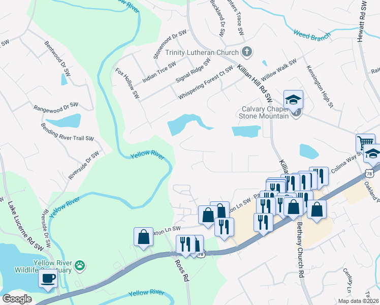 map of restaurants, bars, coffee shops, grocery stores, and more near 4194 Rocky Ledge Way in Snellville
