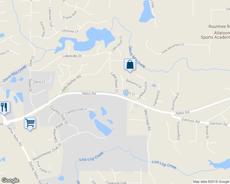 map of restaurants, bars, coffee shops, grocery stores, and more near 4167 Nebo Road in Hiram
