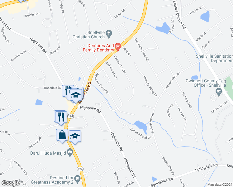 map of restaurants, bars, coffee shops, grocery stores, and more near Newtons Crest Circle in Snellville