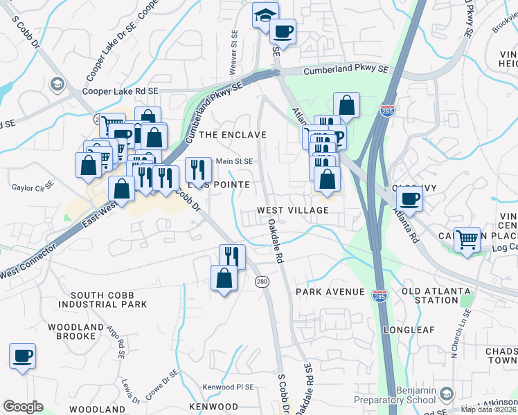 map of restaurants, bars, coffee shops, grocery stores, and more near 1973 West Village Point in Smyrna