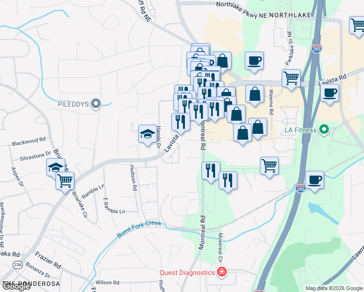 map of restaurants, bars, coffee shops, grocery stores, and more near 3190 Manitoba Trail in Tucker