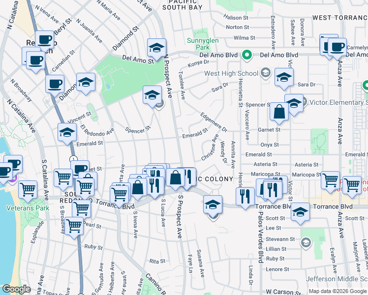 map of restaurants, bars, coffee shops, grocery stores, and more near 110 North Prospect Avenue in Redondo Beach
