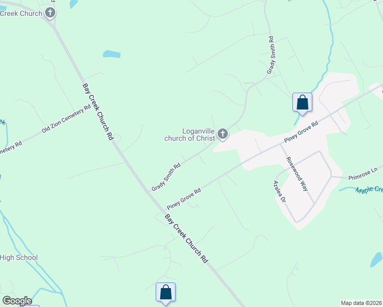 map of restaurants, bars, coffee shops, grocery stores, and more near 3600 Grady Smith Road in Loganville