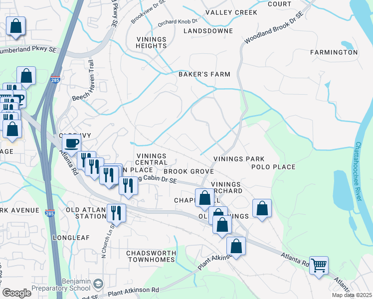 map of restaurants, bars, coffee shops, grocery stores, and more near 2705 Settlement Road Southeast in Smyrna