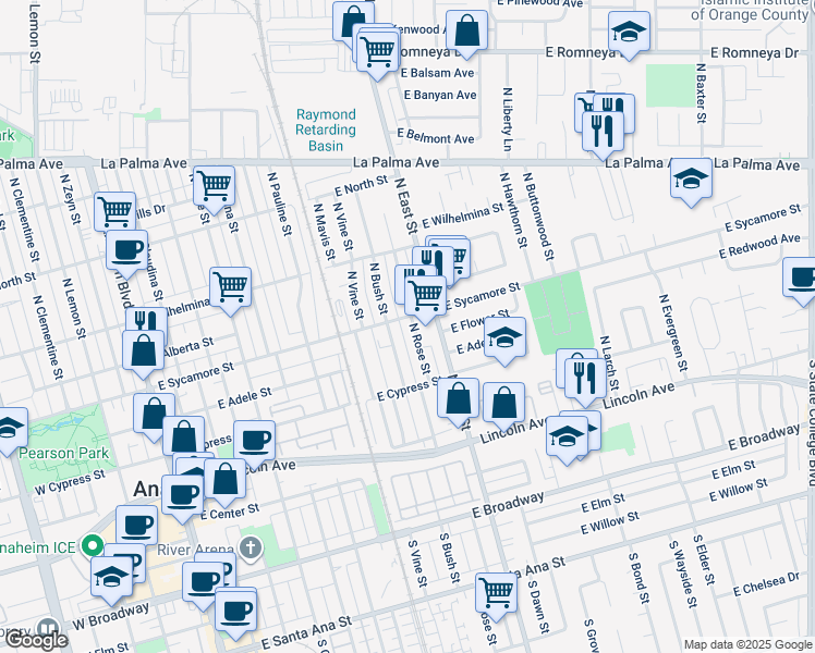 map of restaurants, bars, coffee shops, grocery stores, and more near in Anaheim