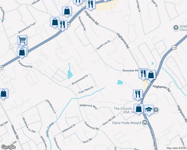 map of restaurants, bars, coffee shops, grocery stores, and more near 3265 Brownwood Drive in Snellville