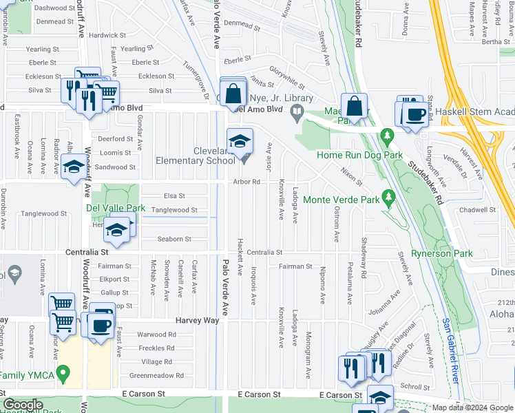 map of restaurants, bars, coffee shops, grocery stores, and more near 4616 Iroquois Avenue in Lakewood