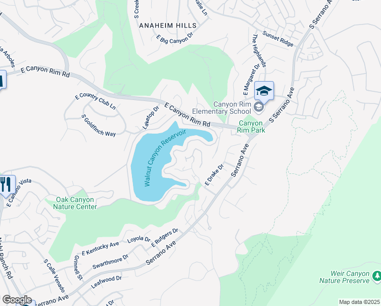 map of restaurants, bars, coffee shops, grocery stores, and more near 7101 East Scenic Circle in Anaheim
