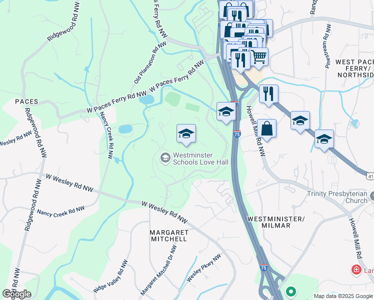 map of restaurants, bars, coffee shops, grocery stores, and more near 1424 West Paces Ferry Road Northwest in Atlanta