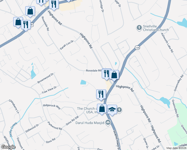 map of restaurants, bars, coffee shops, grocery stores, and more near 2578 Creek Terrace in Snellville