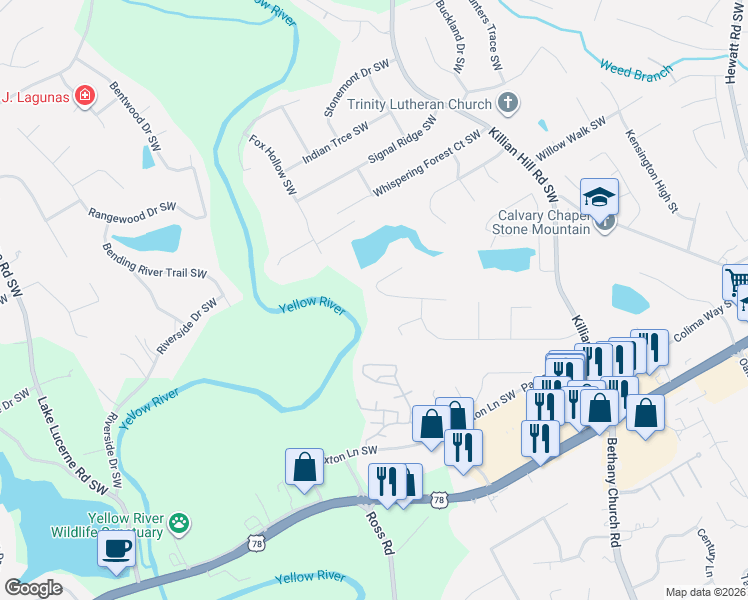 map of restaurants, bars, coffee shops, grocery stores, and more near 4194 Rocky Ledge Way in Snellville
