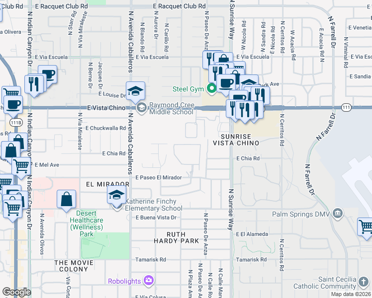 map of restaurants, bars, coffee shops, grocery stores, and more near 1314 Culver Place in Palm Springs