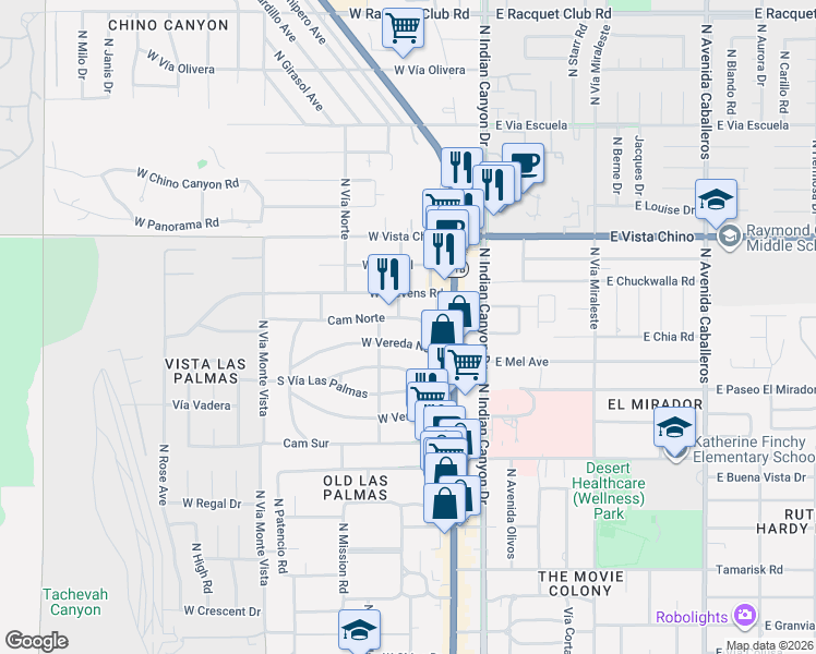 map of restaurants, bars, coffee shops, grocery stores, and more near 248 West Vereda Norte in Palm Springs