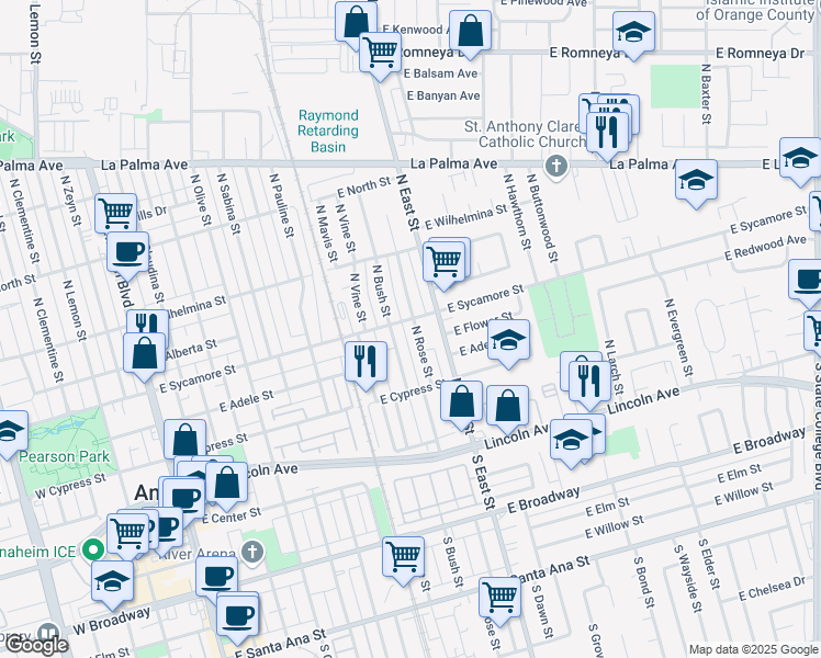 map of restaurants, bars, coffee shops, grocery stores, and more near in Anaheim
