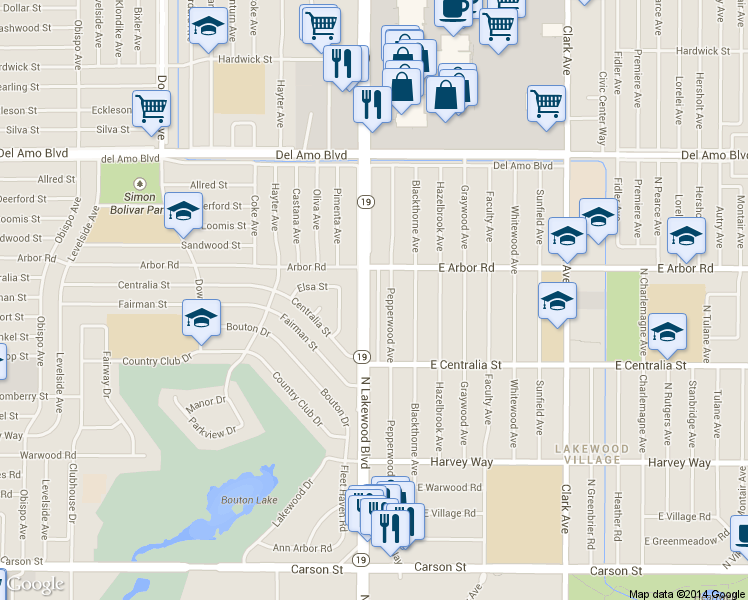 map of restaurants, bars, coffee shops, grocery stores, and more near 4601 Pepperwood Avenue in Long Beach