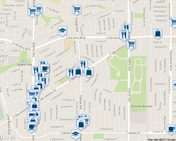 map of restaurants, bars, coffee shops, grocery stores, and more near 4559 North Banner Drive in Long Beach